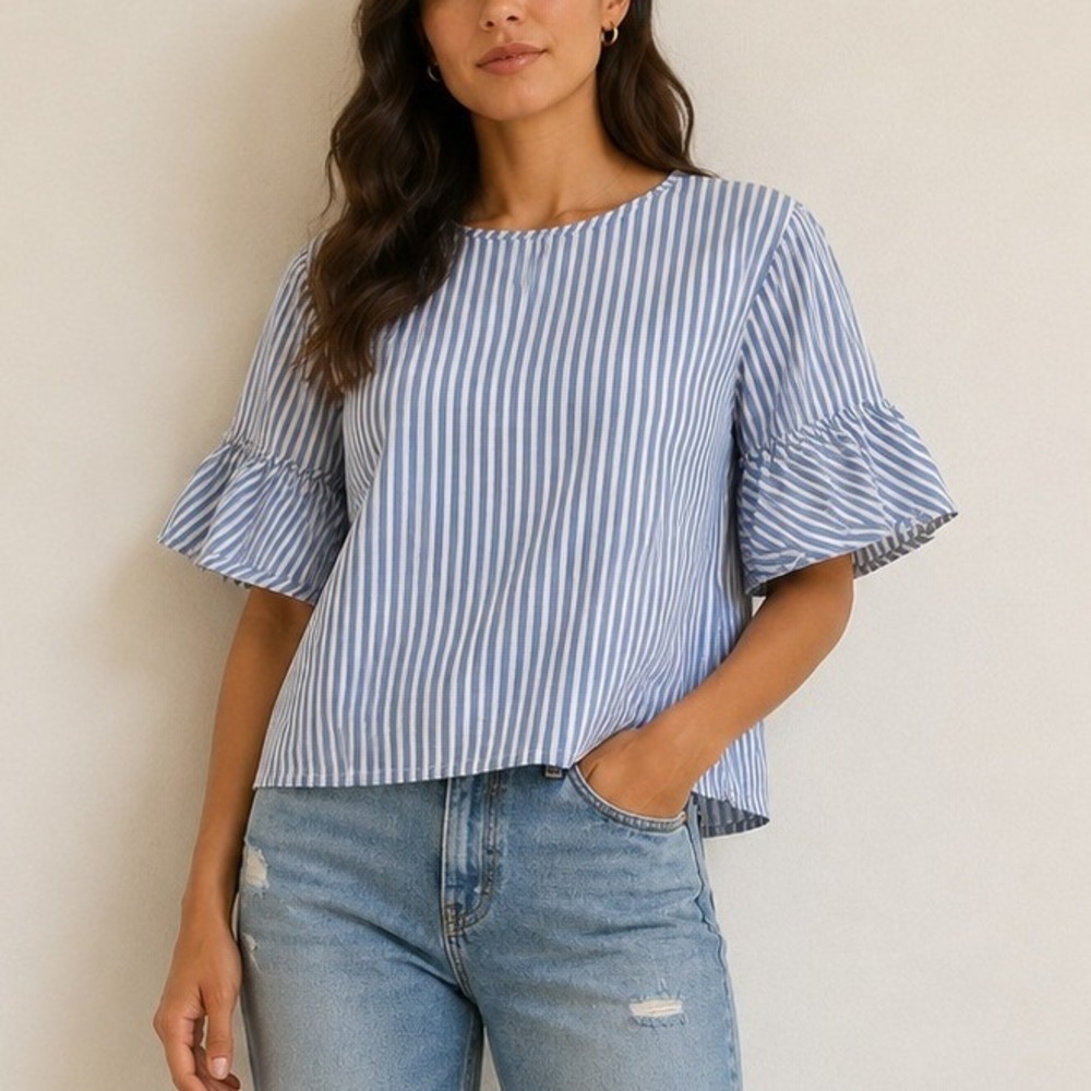 J.Crew Blue & White Mini Stripe Ruffle Sleeve Top | Bell Sleeve | Size Small